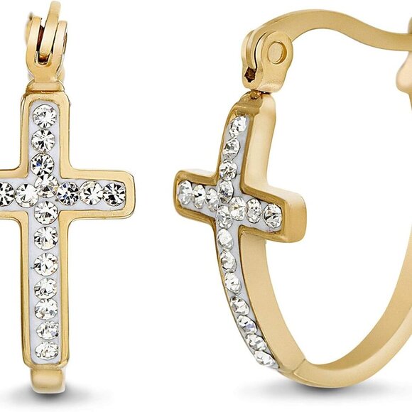 Hinged Hoop Cross Earrings with Round Crystals - Fashionable Jewelry for Faith - Picture 1 of 5